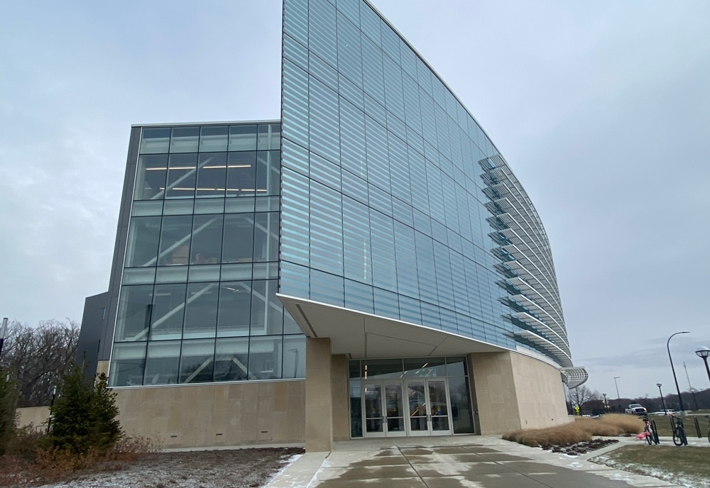 Exterior of the Ford Robotics Lab Building with an emphasis on the high windows.