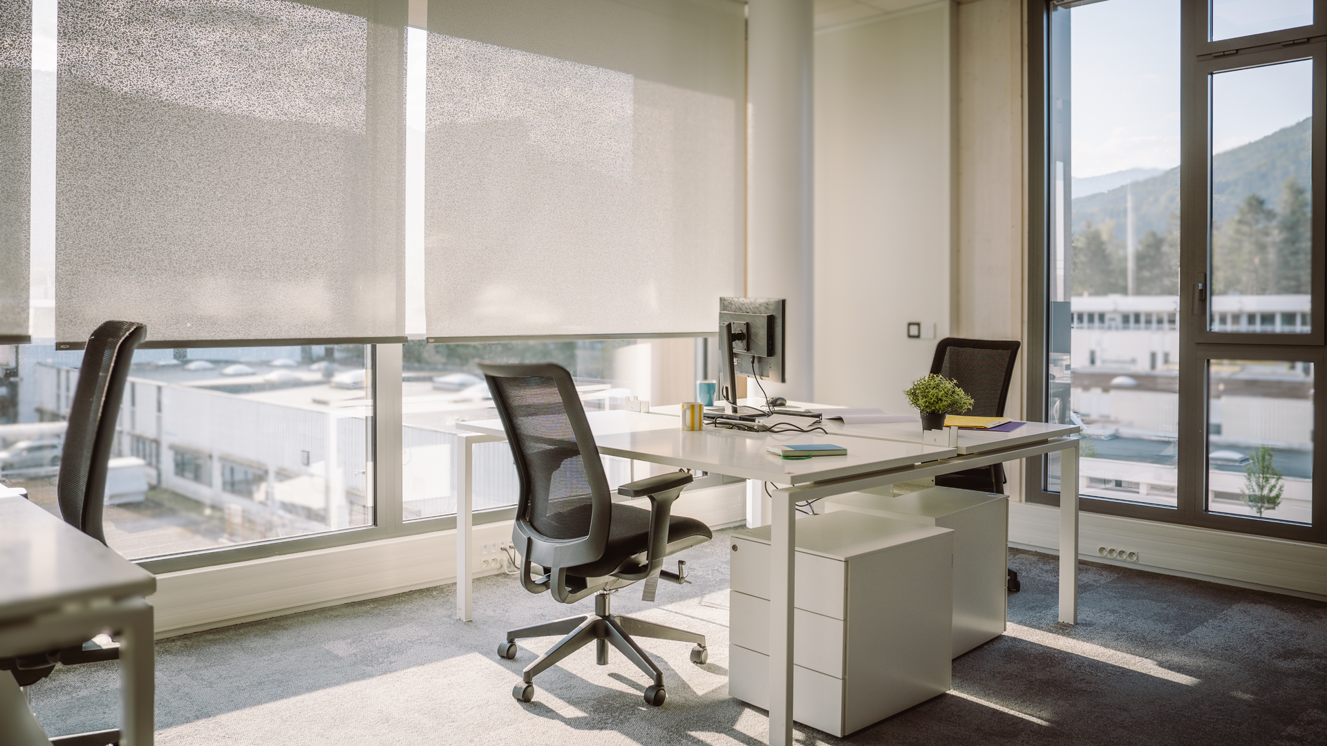 Office workspace with desks in the foreground and blinds opening the background overlooking a corporate park.